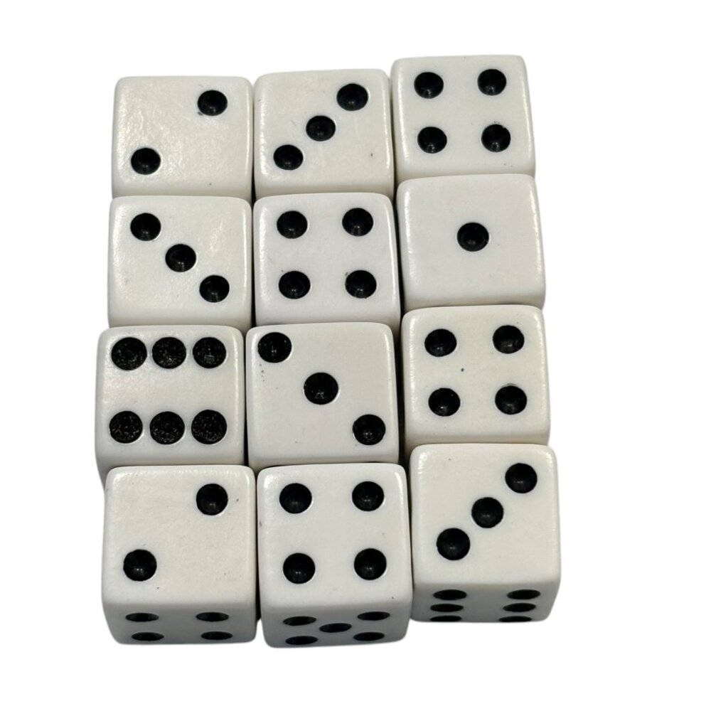 Set Of 12 White Dice With Black Dots For Board Games Or Crafts